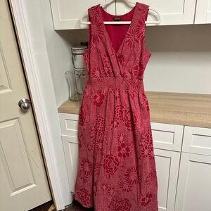 Eddie Bauer Maxi Dress Women M Tall Red Floral Smocked V-Neck Sleeveless Vintage